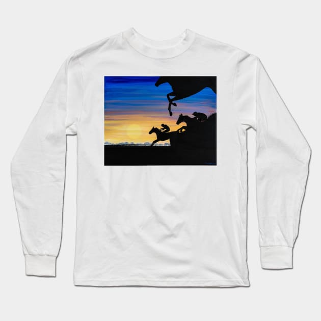 Newmarket Race Horses at Sunrise Painting Long Sleeve T-Shirt by TomCrittenden